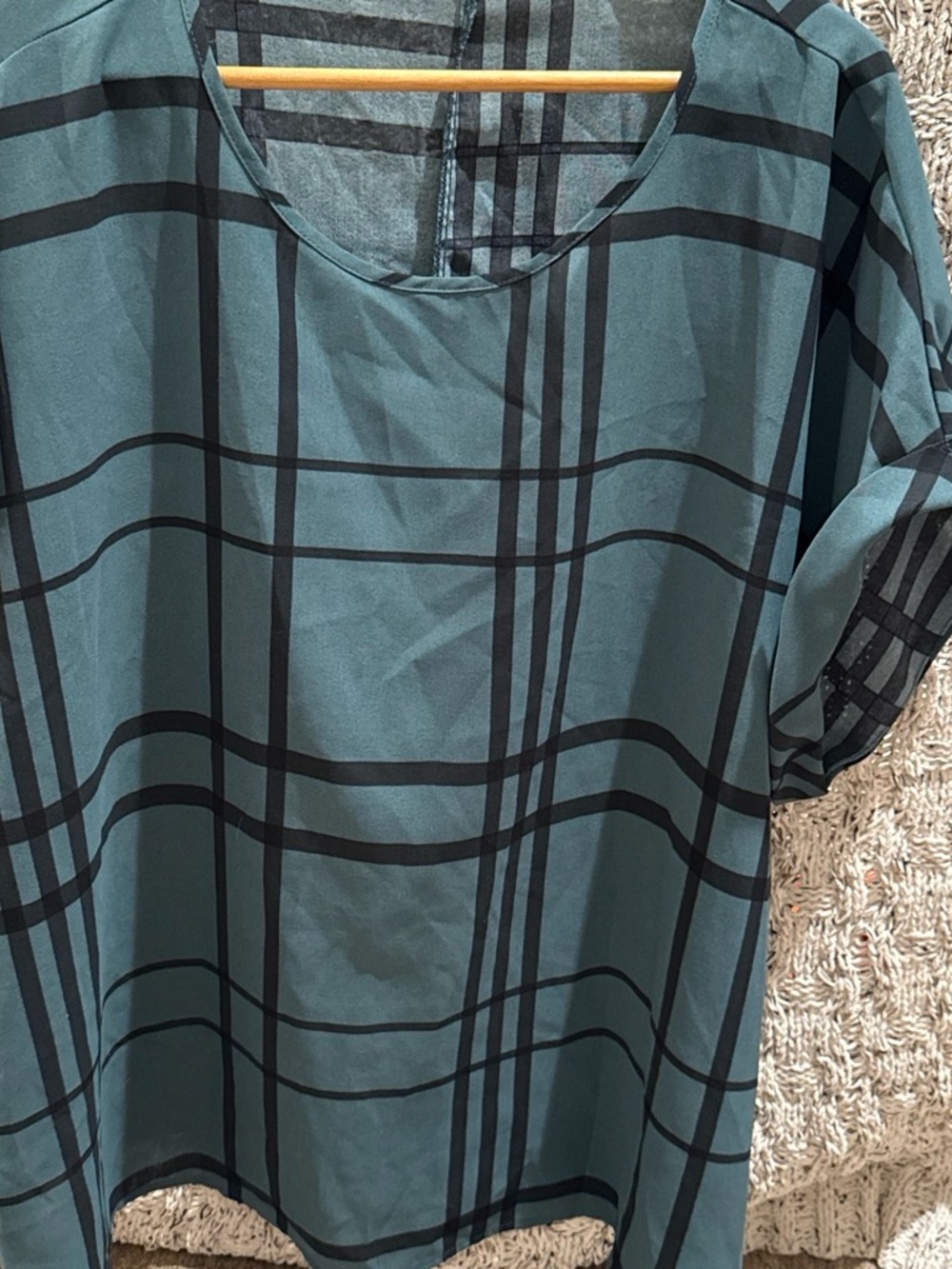 Womens Teal Plaid Short Sleeve Top